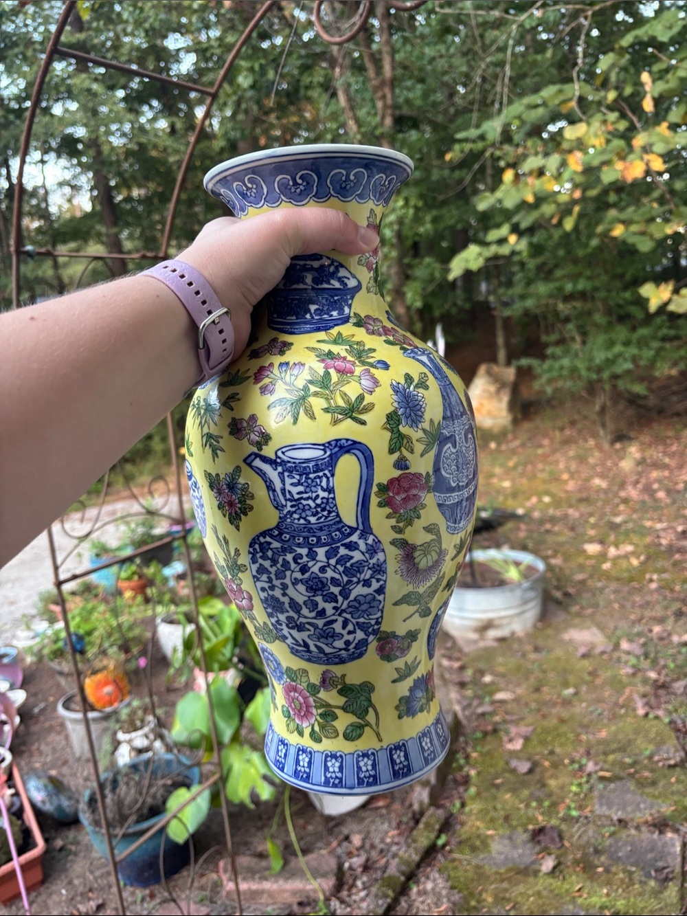 Andrea By Sadek Yellow Vase with Blue Pitcher Motif